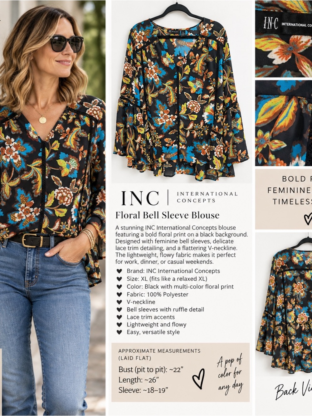 INC International Concepts Black Floral Bell Sleeve Blouse - XL